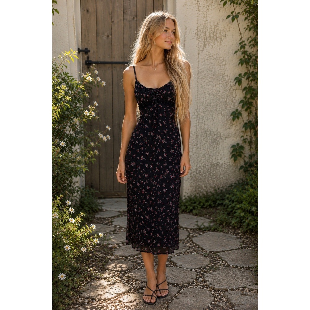 NEW Y2K Milkmaid Midi Smocked Lace Slip Dress Floral Cottage Dark Romantic 90s M